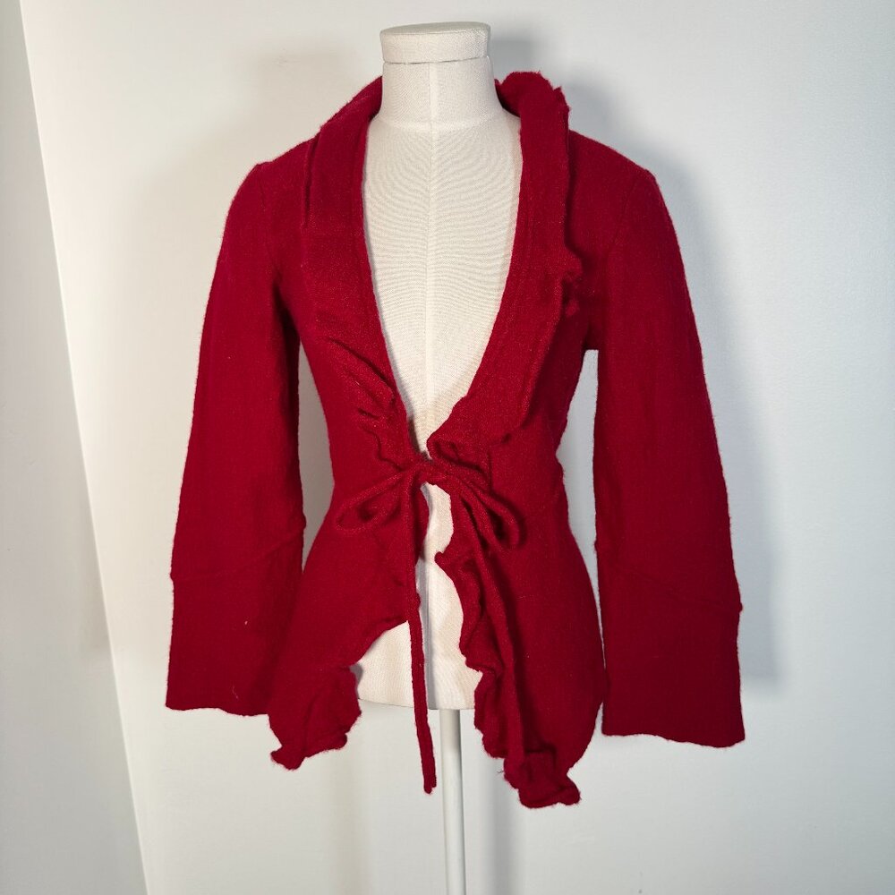 Elena Solano Red Boiled Wool Blazer Cardigan Tie Front Ruffle Romantic Cottage M